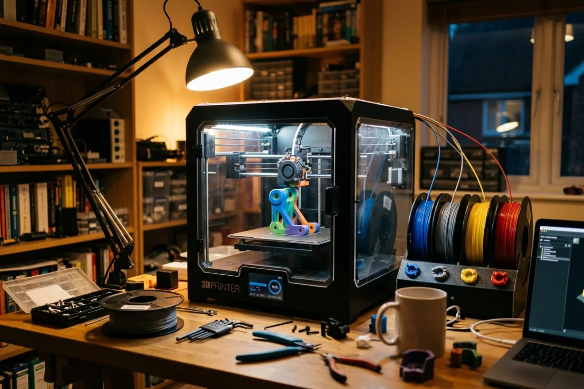A workshop desk with a large enclosed 3D printer running next to a filament storage unit and finished multicolor parts
