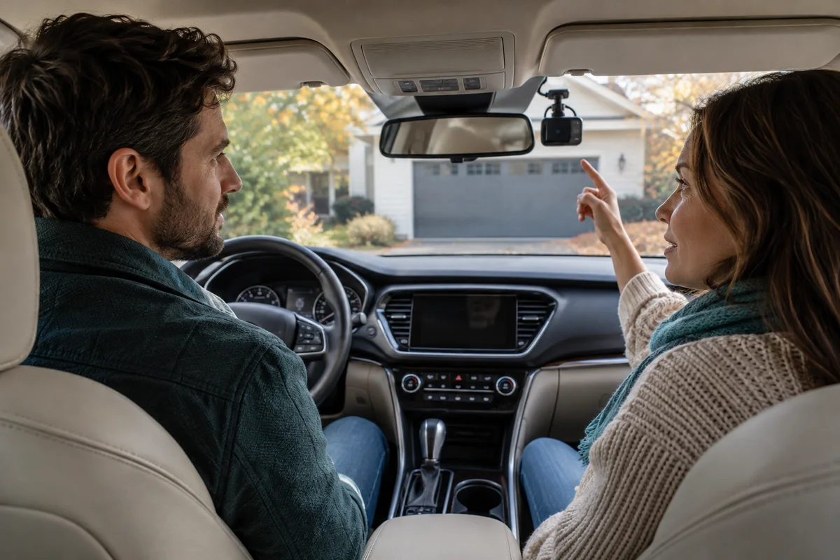 Two adults discussing a small dashboard camera inside a stationary car parked on a residential driveway