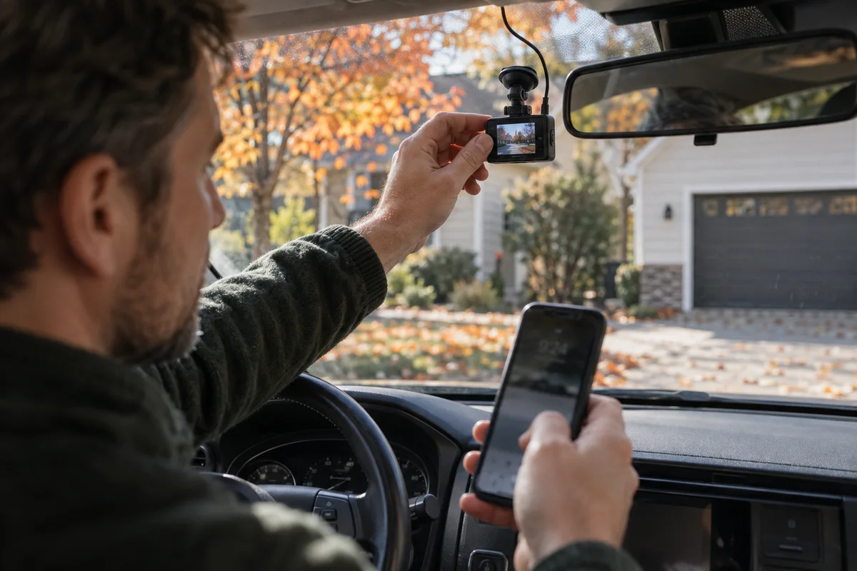 A driver checking a windshield dash camera clock while the car is parked in an autumn driveway