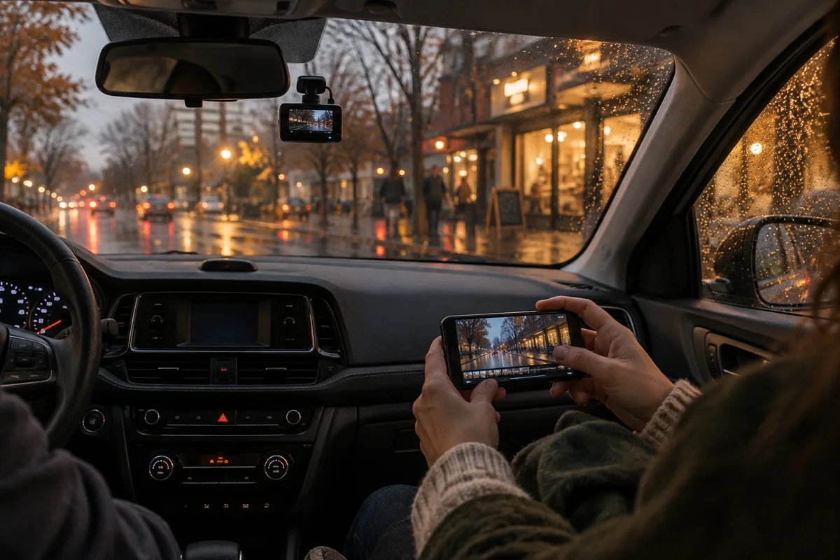 A passenger reviewing dash-camera footage in a parked car overlooking a wet autumn street