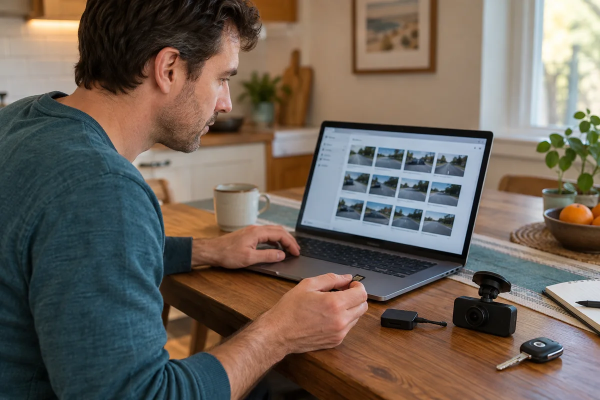 A driver reviewing a memory card and laptop at a home table beside a parked-car key