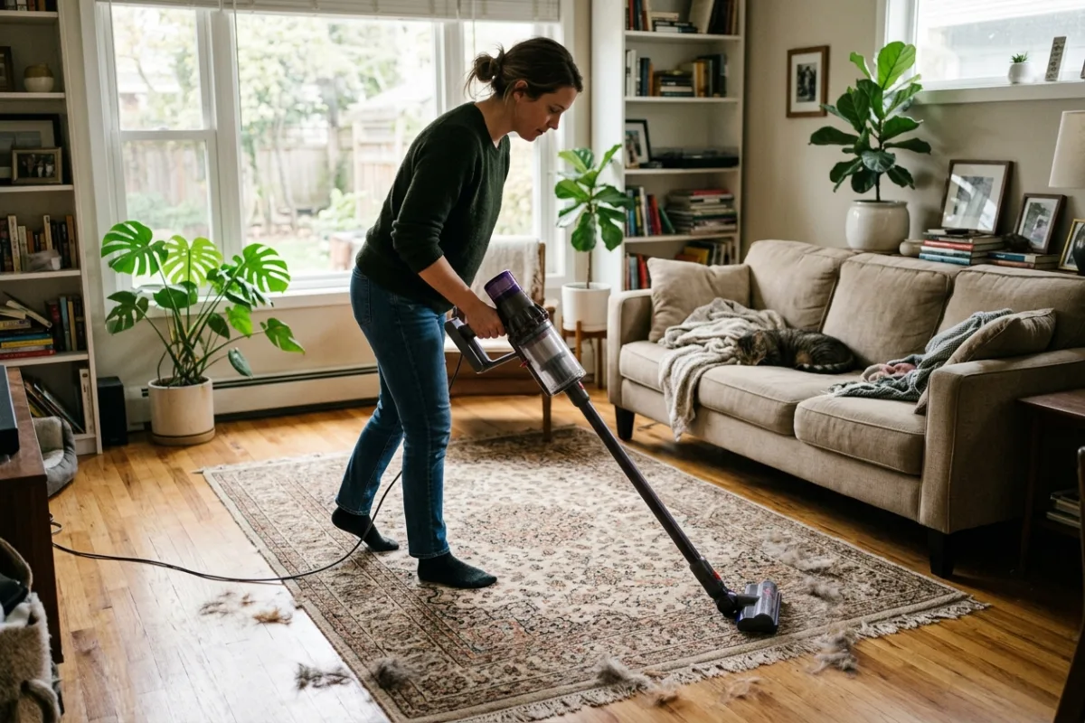 A person vacuuming a living room rug near a couch with a cordless stick vacuum and visible pet hair.