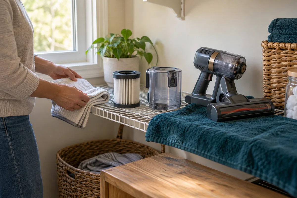 A clean vacuum filter drying separately from an unplugged cordless vacuum in a home laundry nook