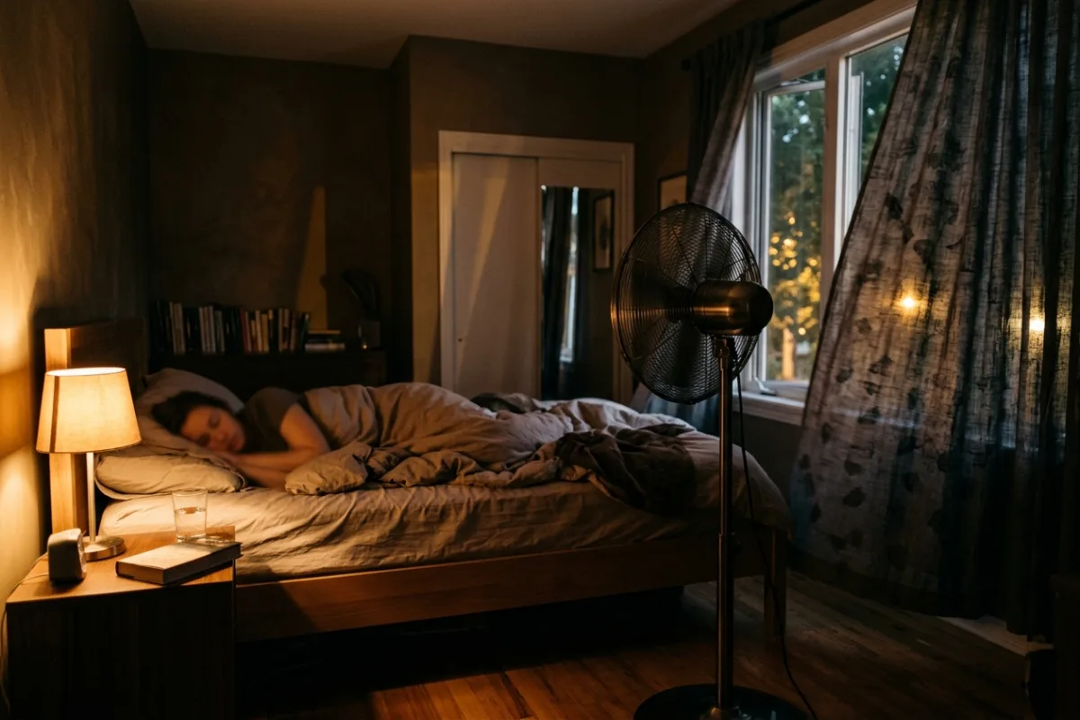 A tall pedestal fan stands beside a bed in a dim bedroom, moving air on a warm summer night.