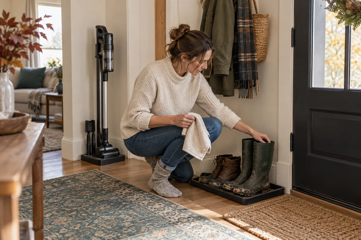 An adult assessing wet boots in a tray while an unbranded cordless vacuum remains on a separate dry indoor floor