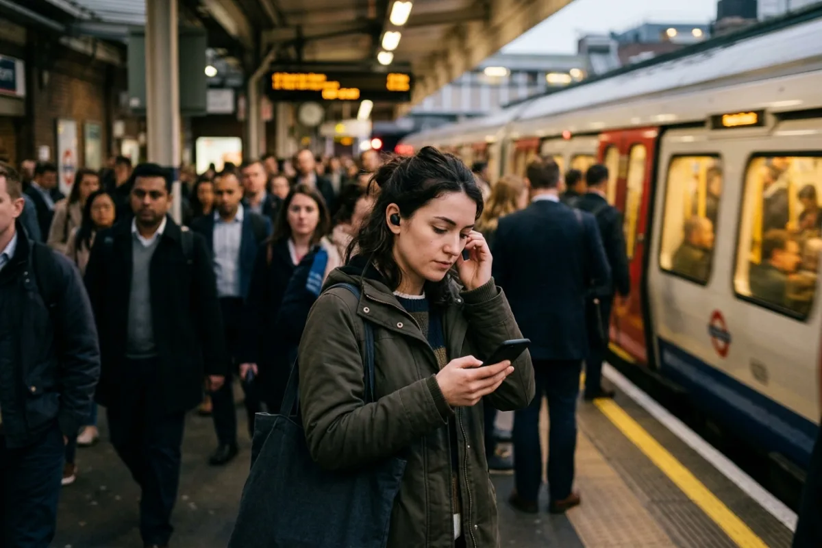 A commuter on a crowded train platform adjusts an earbud while checking a phone.