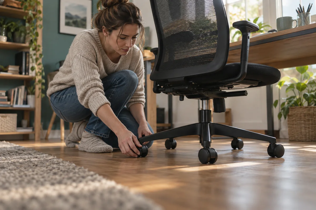 A home-office worker examining chair wheels where a hard floor meets a rug