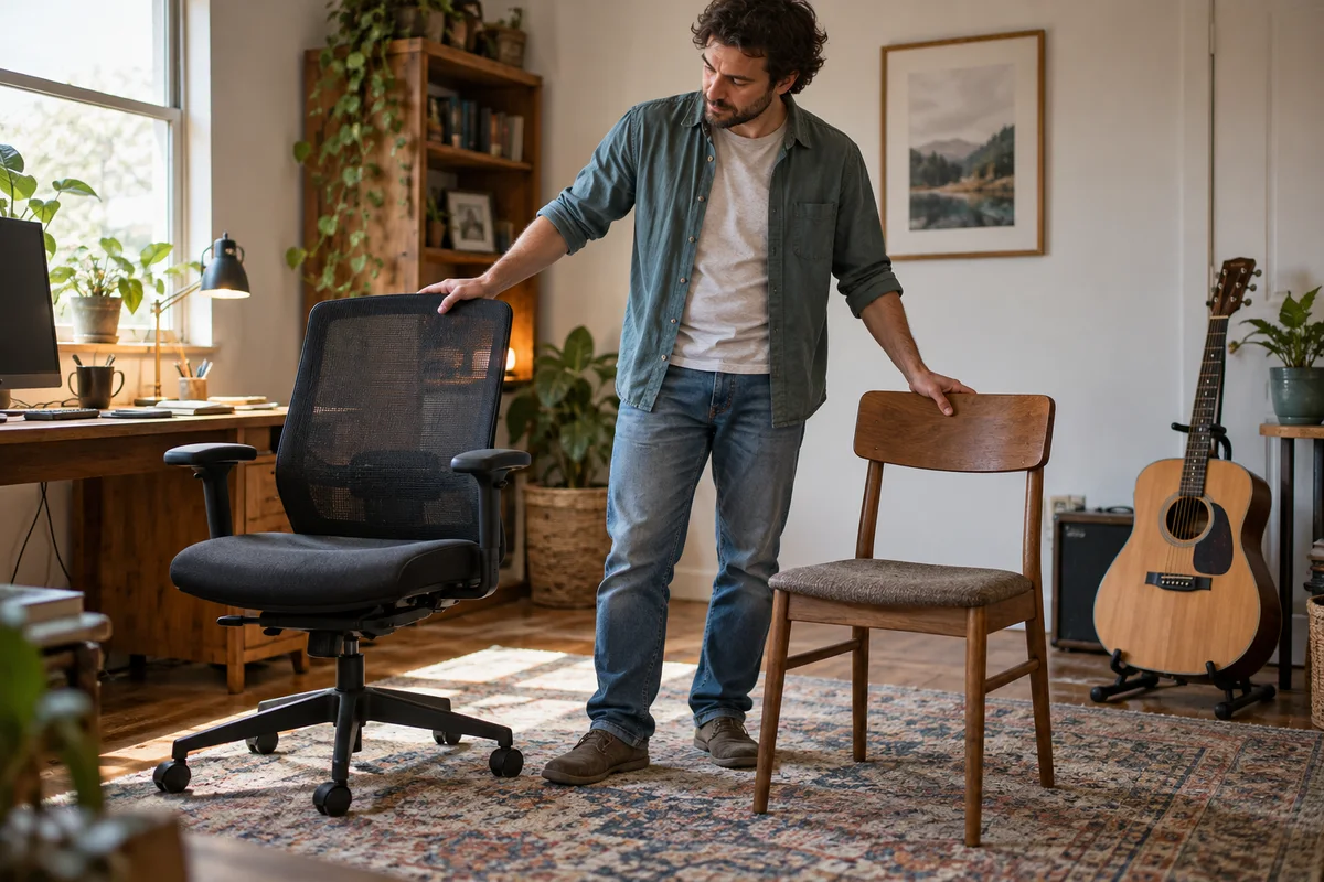 An adult comparing a desk chair and an armless seat beside a guitar on a separate stand