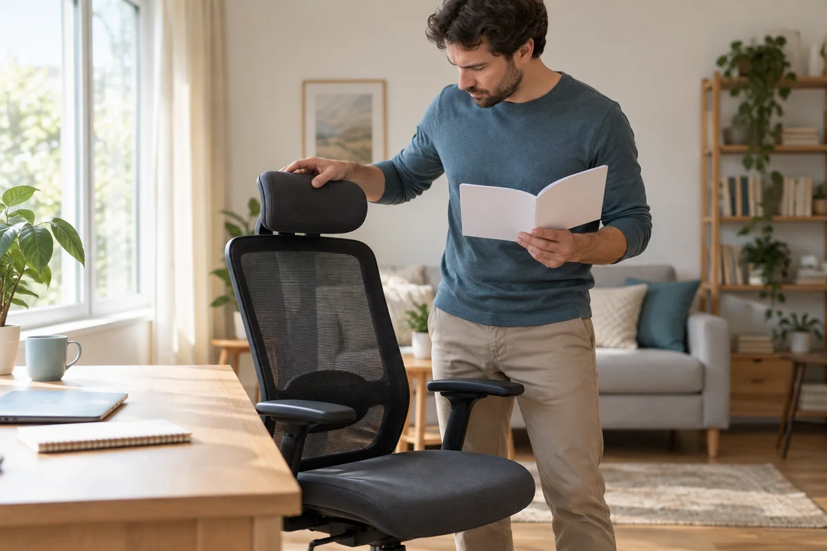 An adult reading instructions beside an office chair headrest