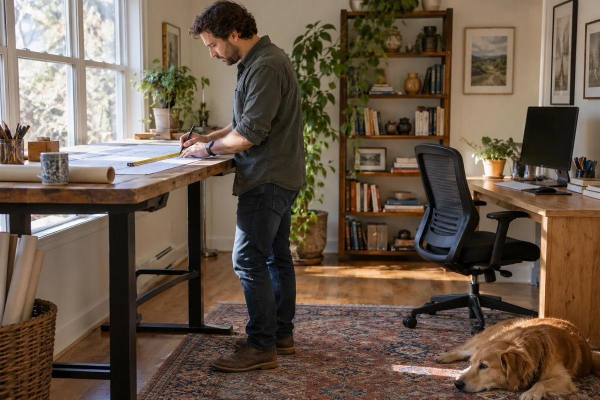 A home worker measuring a tall work surface beside an ordinary adjustable chair