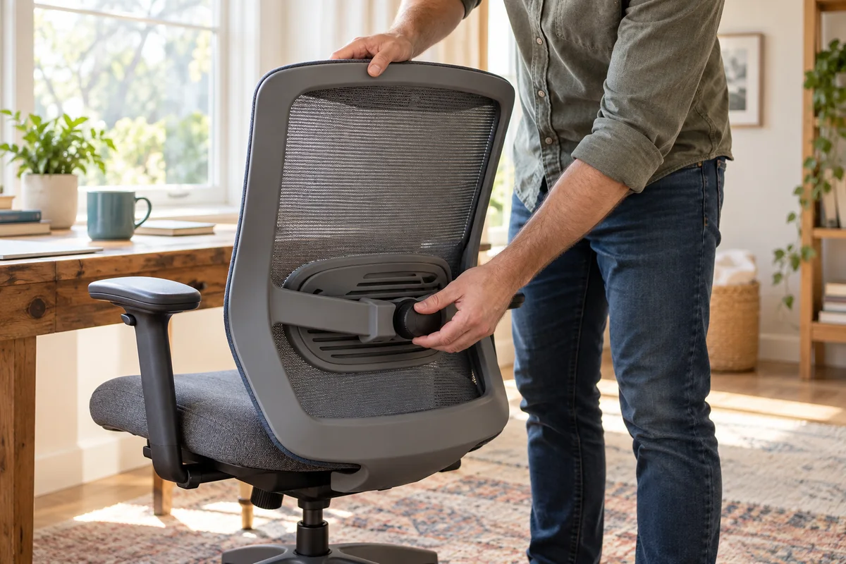 An adult checking the lumbar knob on an office chair