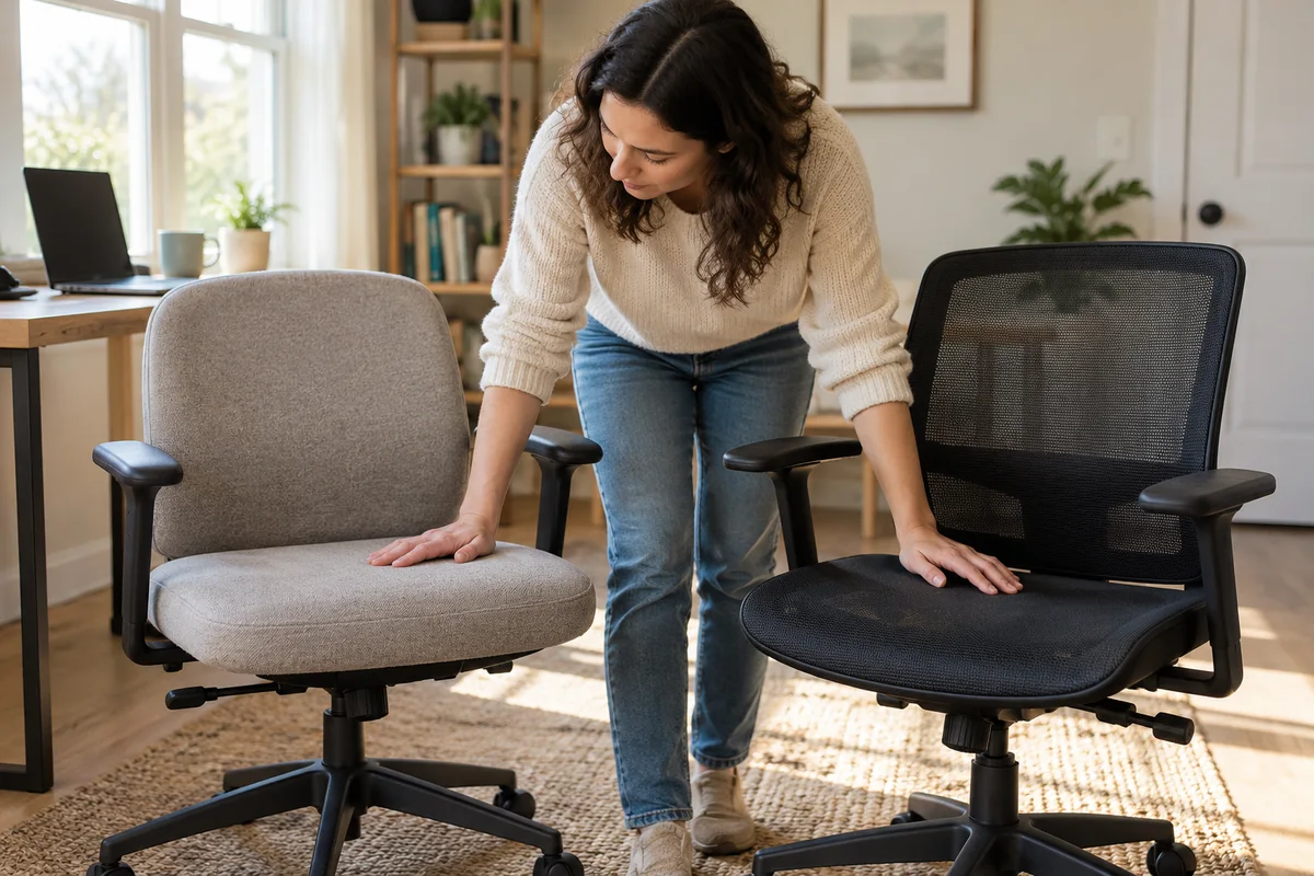A shopper comparing two office chairs in a home study