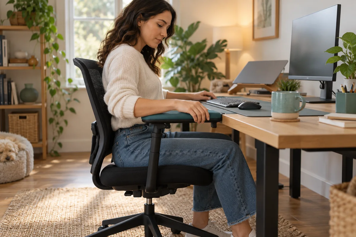 Person checking armrest reach at a home desk