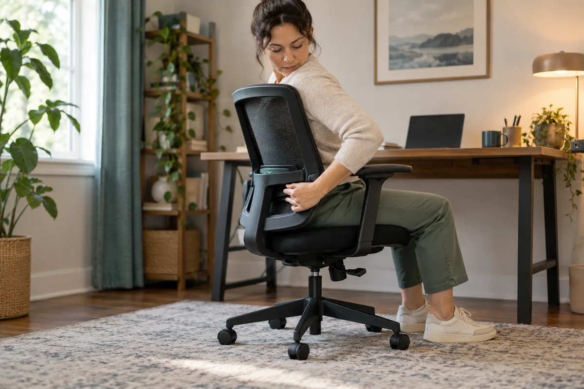 Person checking the backrest fit of a mesh office chair