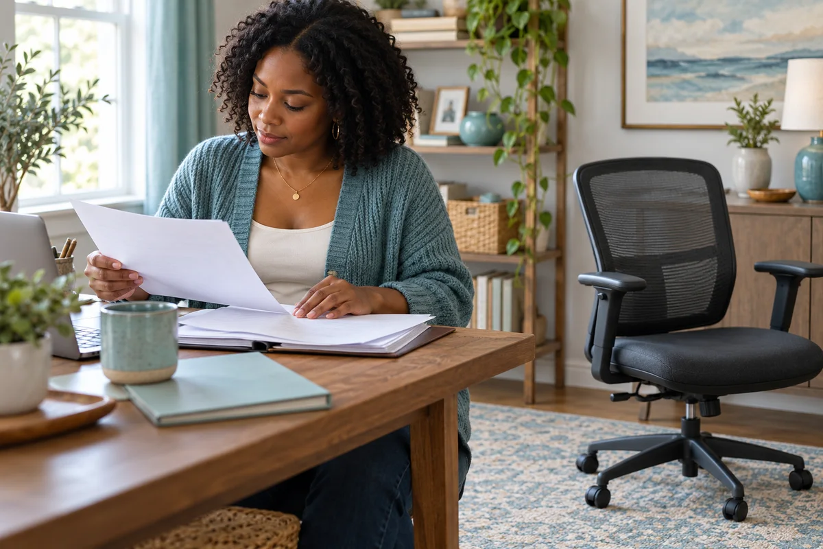 A home-office buyer comparing a chair and blank paperwork at a desk