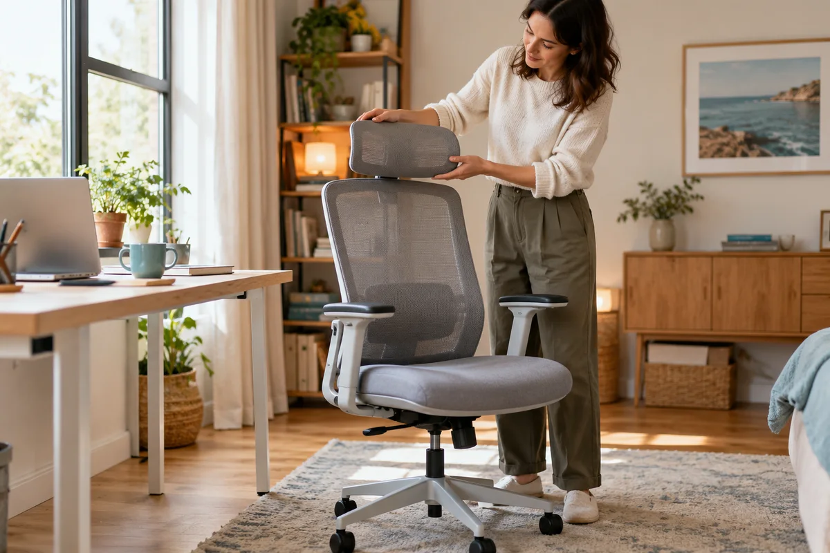 An adult inspecting the adjustable headrest of a gray home-office chair