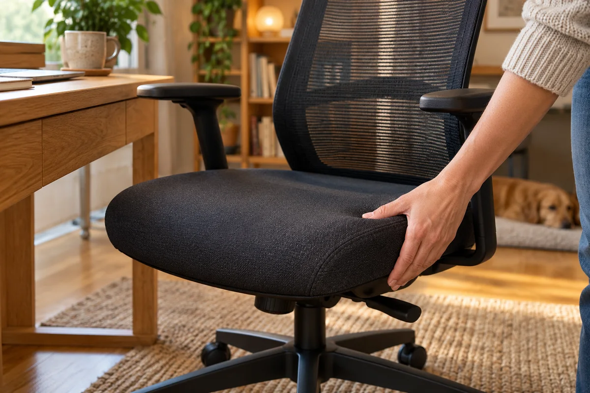 A shopper examining a mesh-back chair with a padded fabric seat in a home office