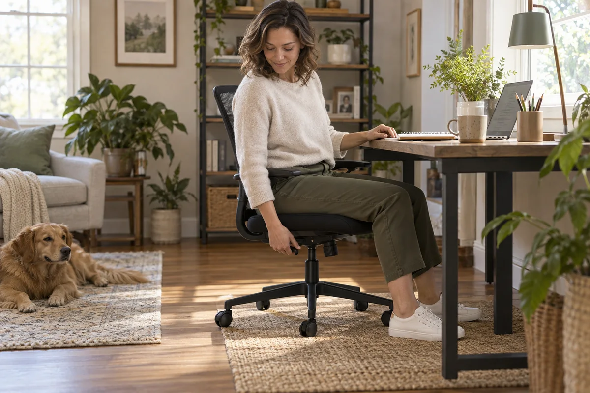 An adult seated in a mesh office chair gently checking a side lever at an uncluttered home-office desk