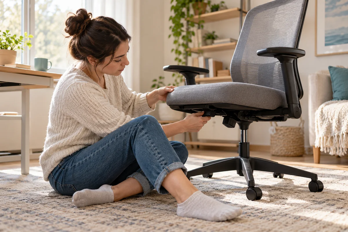 An adult seated on the floor checking the underside control of an office chair