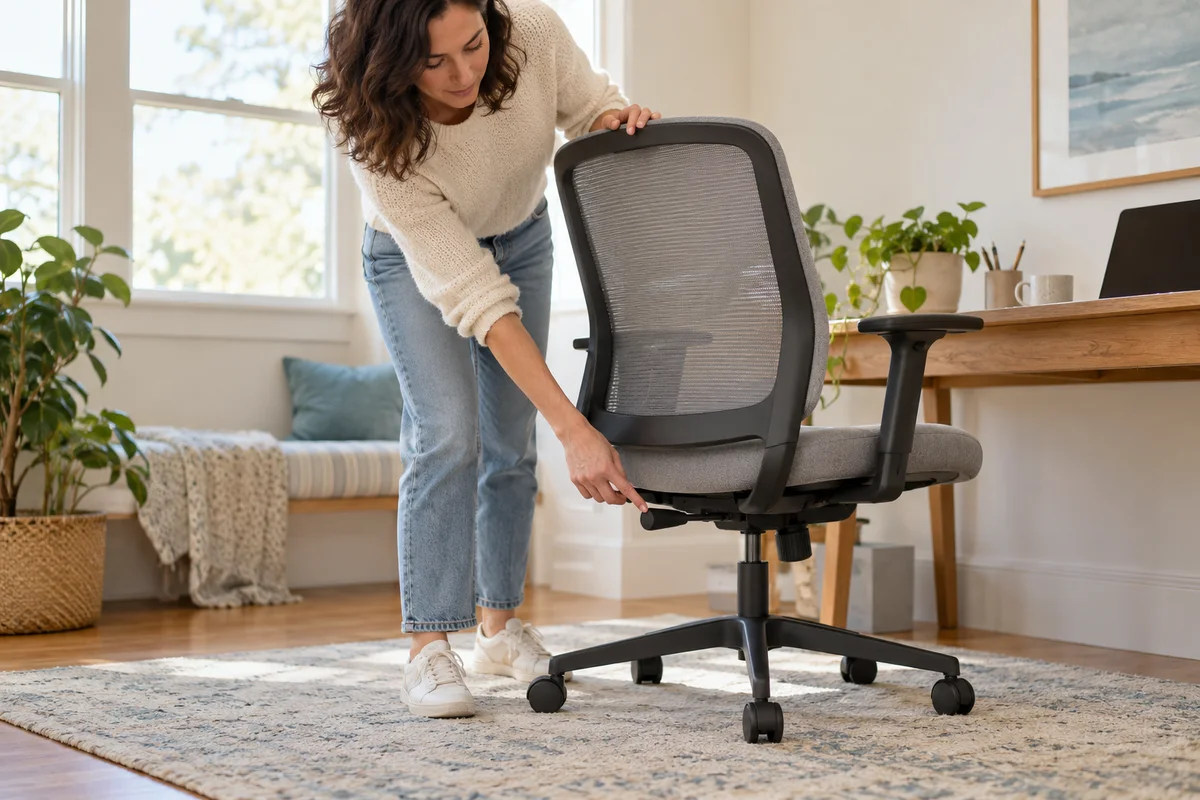 An adult standing beside an office chair checking its under-seat lever