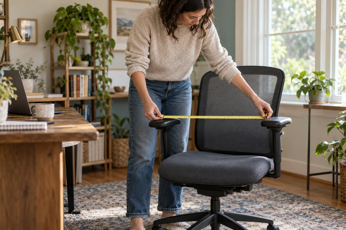 An adult measuring the usable space between office-chair arm supports