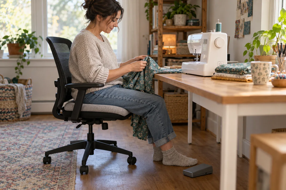 A sewist checking chair clearance and foot-pedal placement at a home craft desk