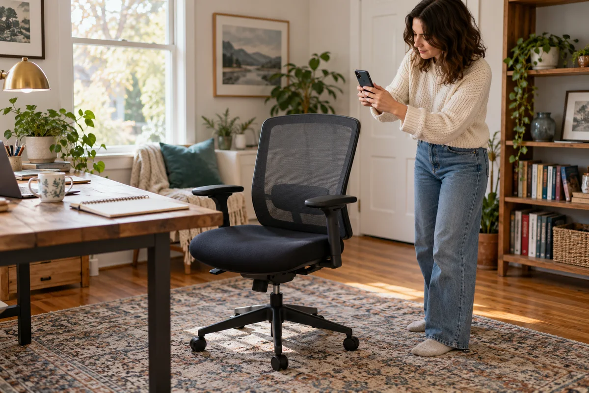 An owner records a mesh office chair beside a home desk