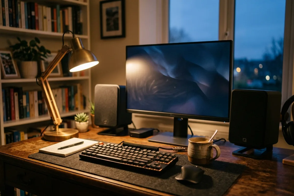 A pair of compact black desktop speakers flanking a computer monitor on a tidy home office desk at dusk