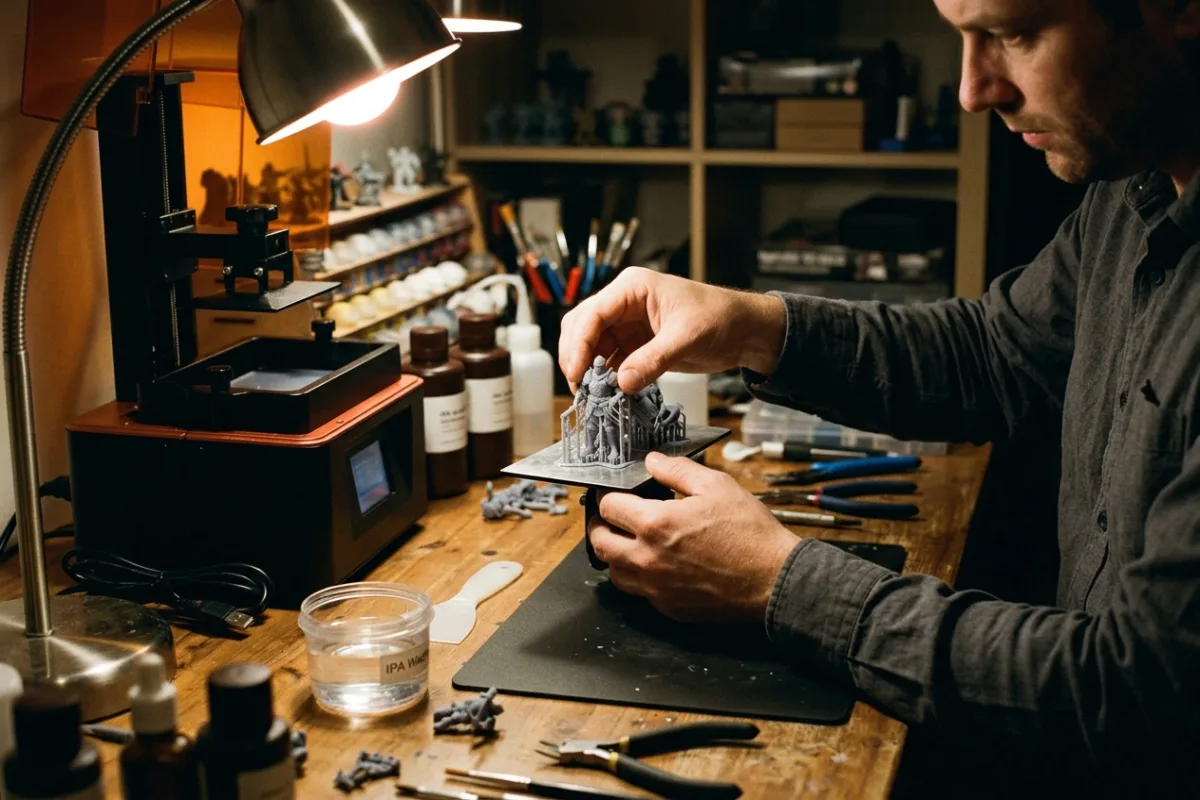 A hobbyist lifts a finely detailed miniature figure off a resin 3D printer build plate in a home workshop.
