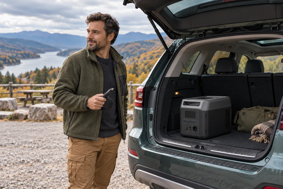A traveler checking a disconnected car charging cable beside a battery station in a parked car