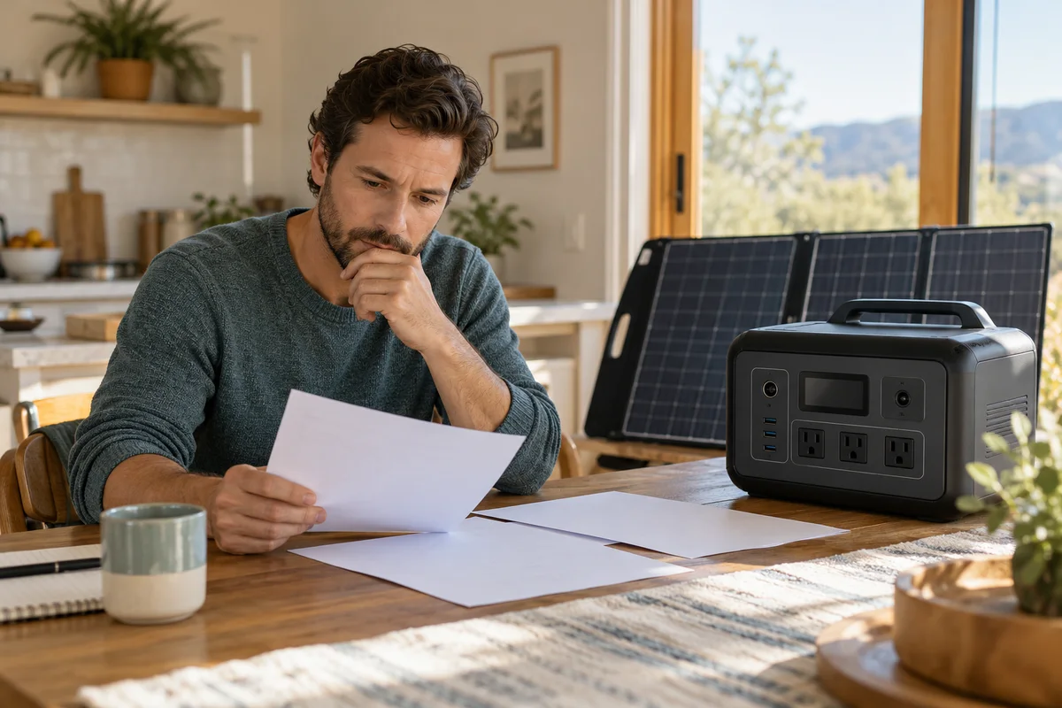 An adult reviewing power-station input specifications at a kitchen table