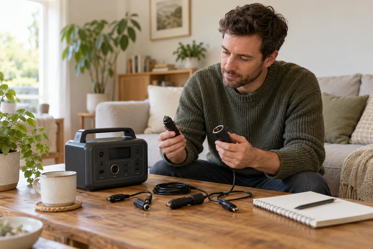 A homeowner comparing disconnected 12V accessories beside a power station