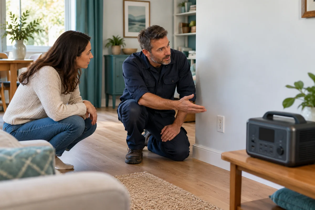 An adult consulting an electrician about an indoor charging location