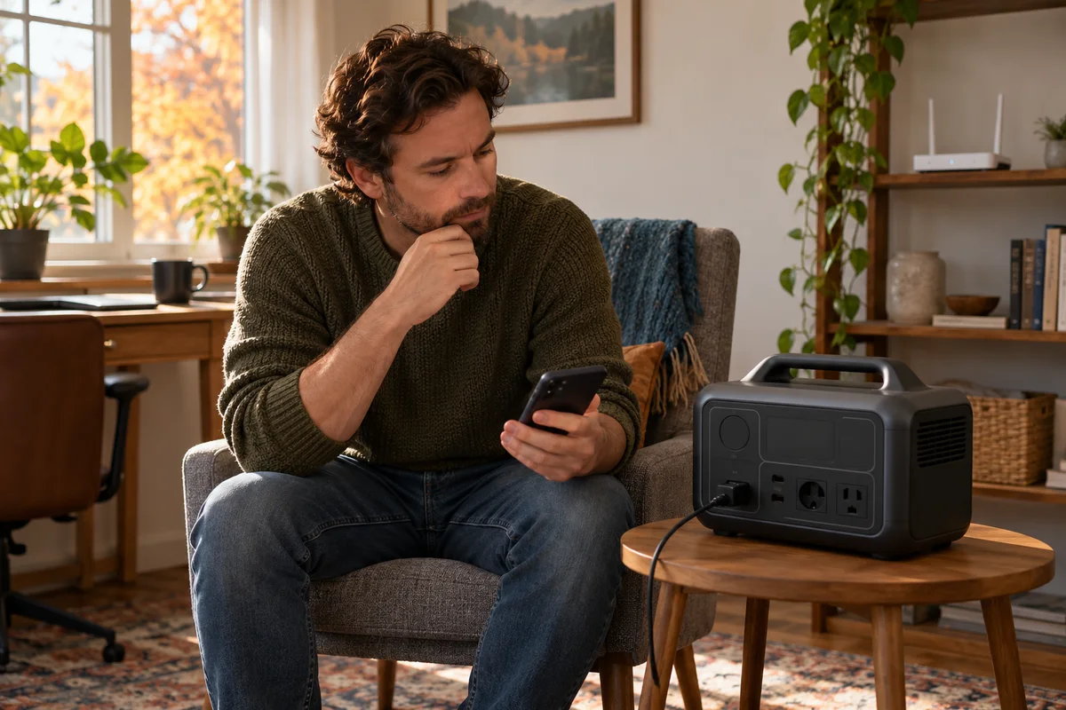 Person checking a phone beside a portable power station in a home office