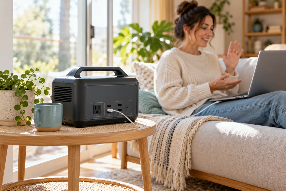 A portable power station on an open side table during a laptop call