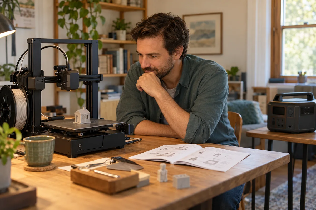 A hobbyist reviewing a desktop 3D printer and a separate disconnected power station