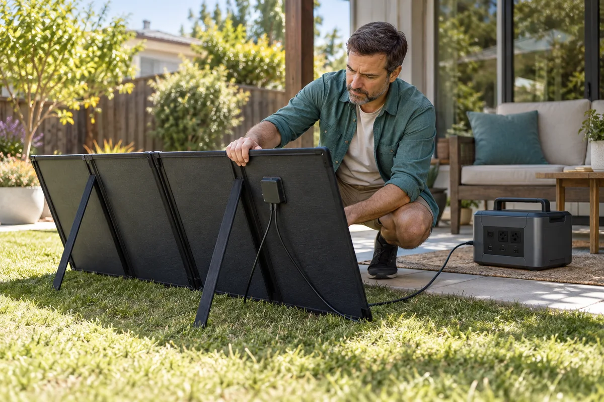 A homeowner assessing an unbranded folding solar panel in a sunny backyard with a power station in dry shade