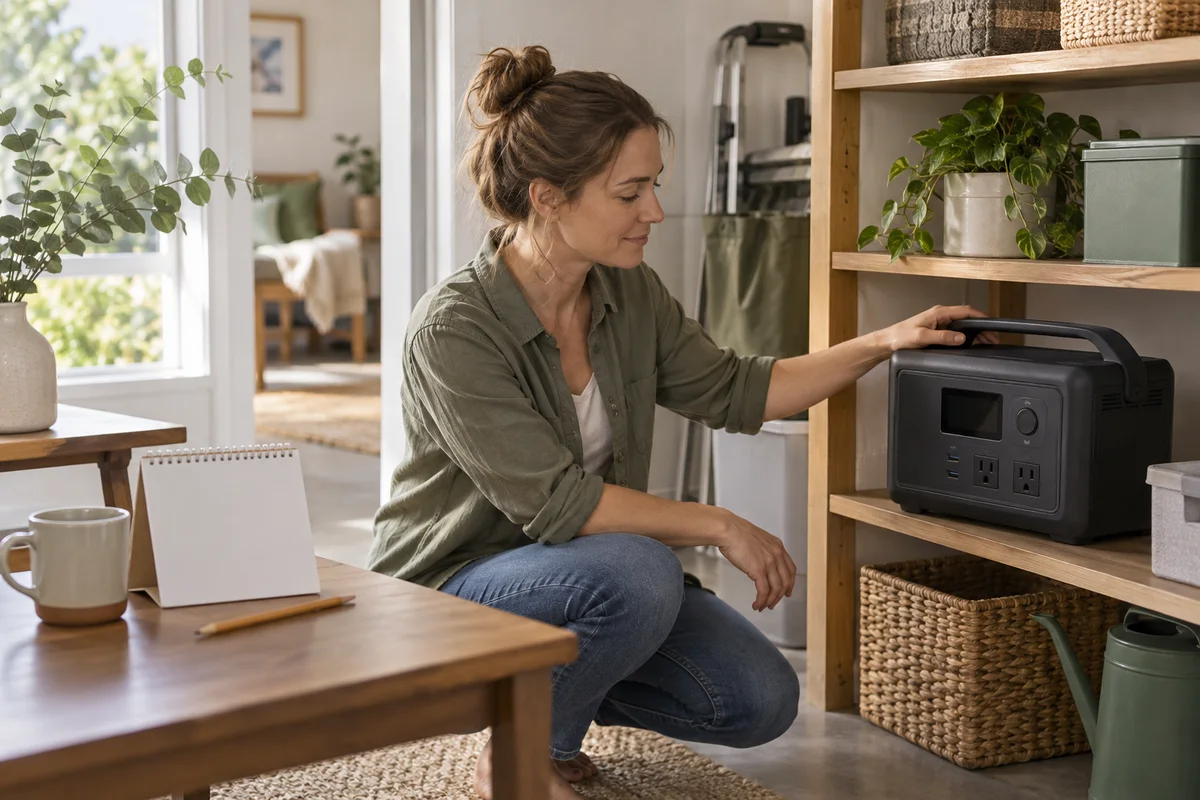 An adult checking a portable power station in an open, dry household utility area with a paper calendar nearby