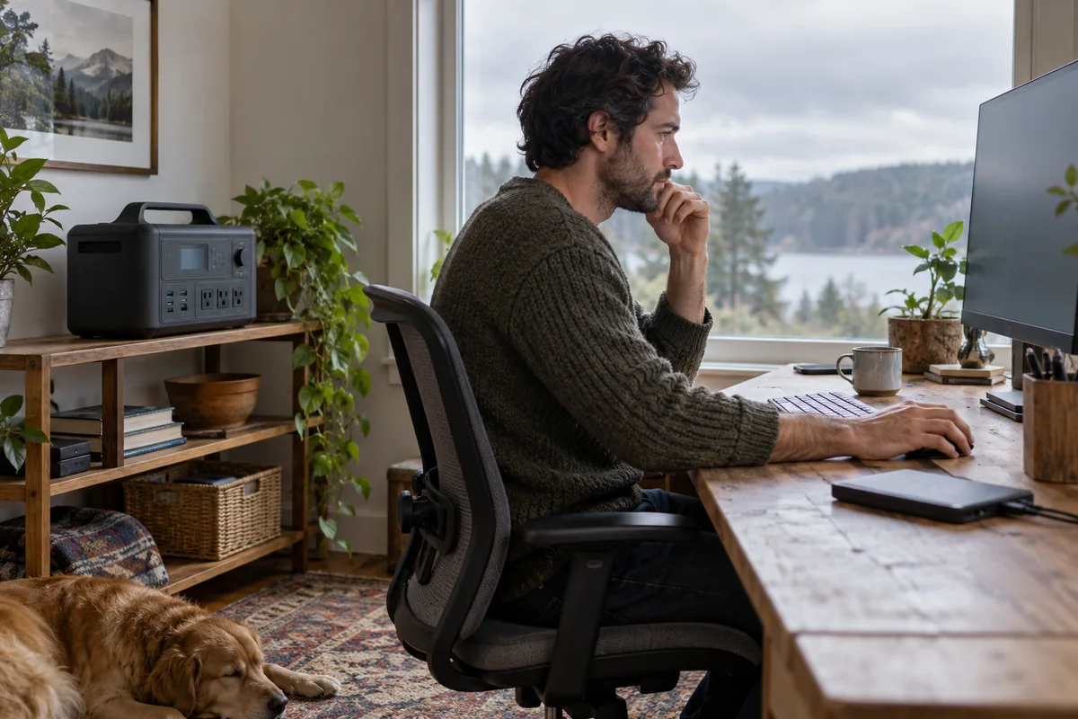 A remote worker assessing a disconnected battery station beside a home workstation