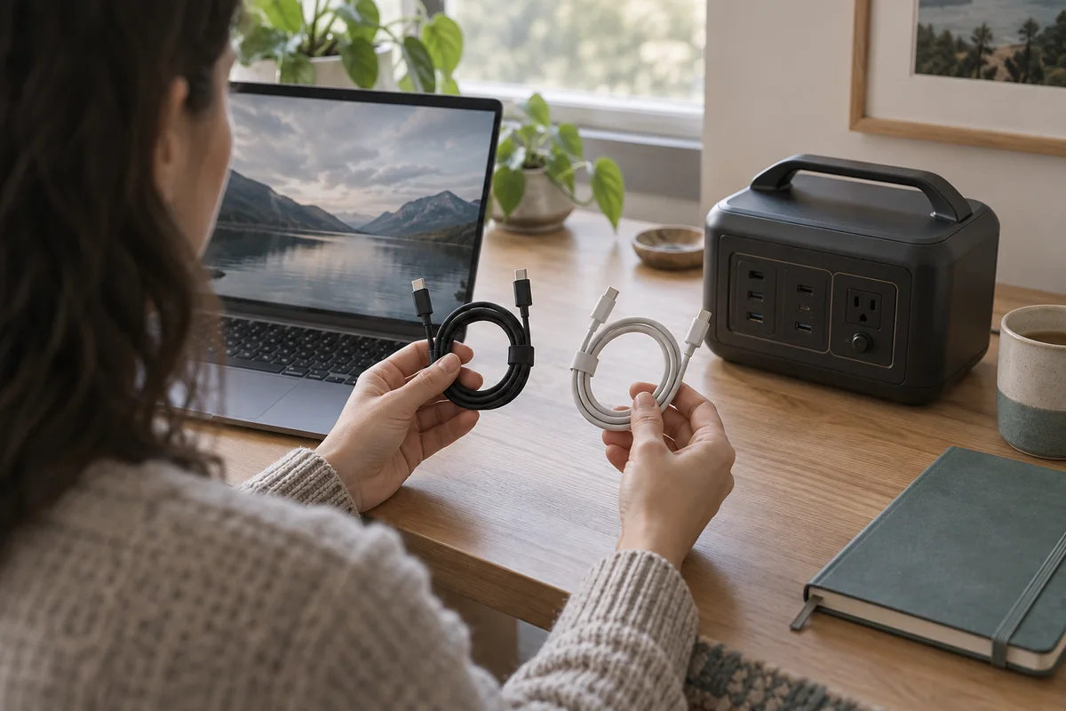 A laptop owner comparing two USB-C cables beside a generic portable power station on a home desk