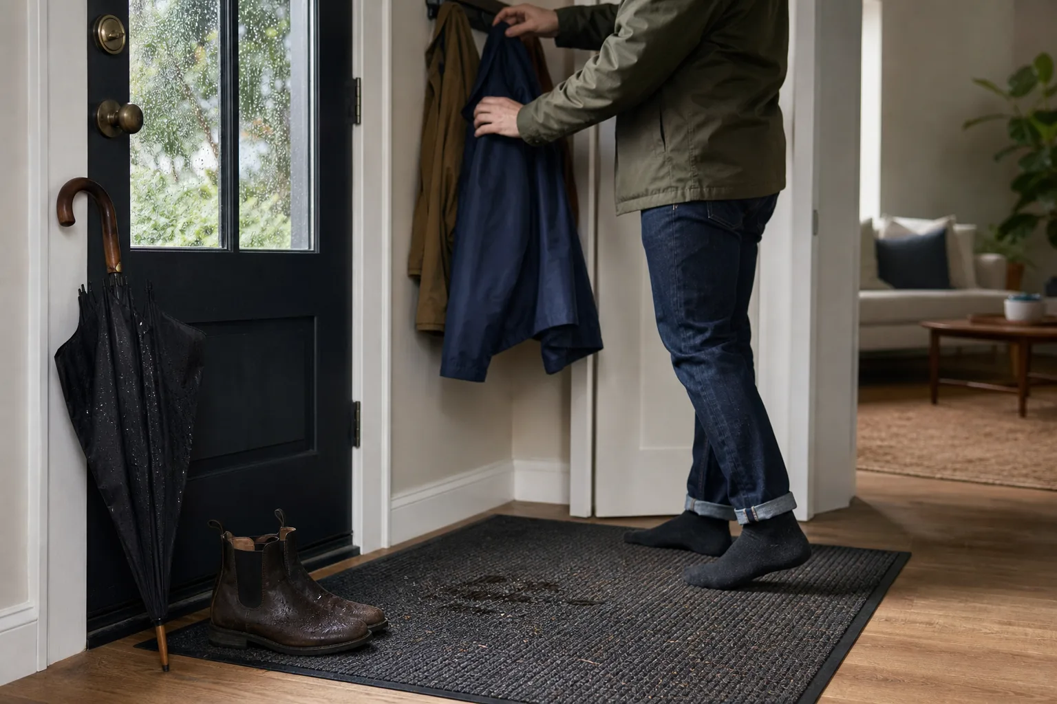 Rainy apartment entryway with wet shoes on a textured mat