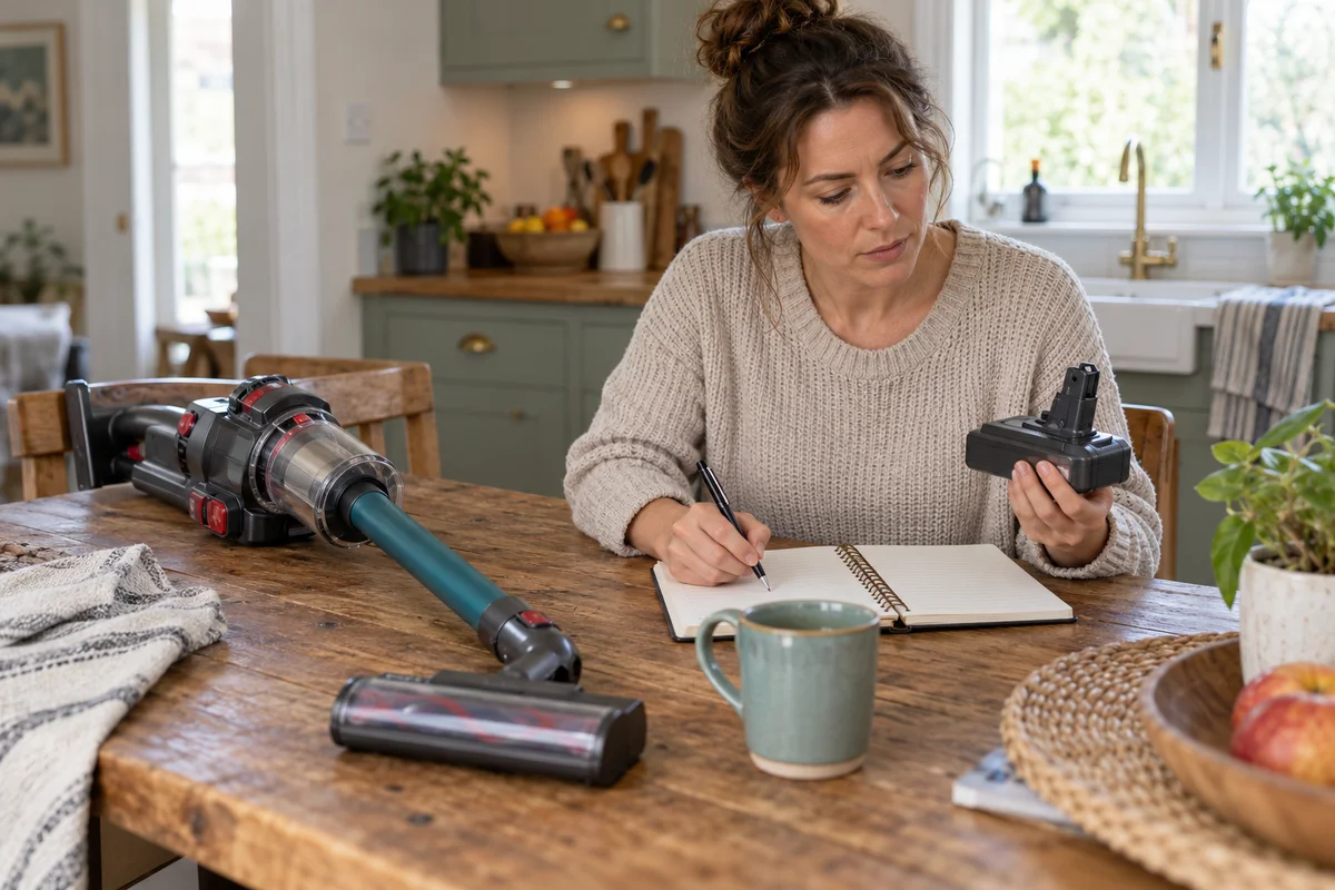 A shopper compares a detachable vacuum battery with a blank purchase checklist