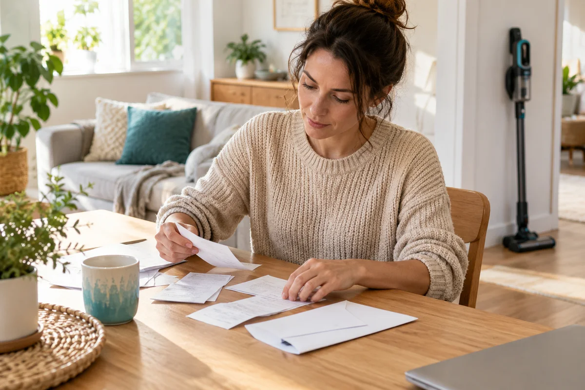 An adult organizing a vacuum receipt and product paperwork at a home desk