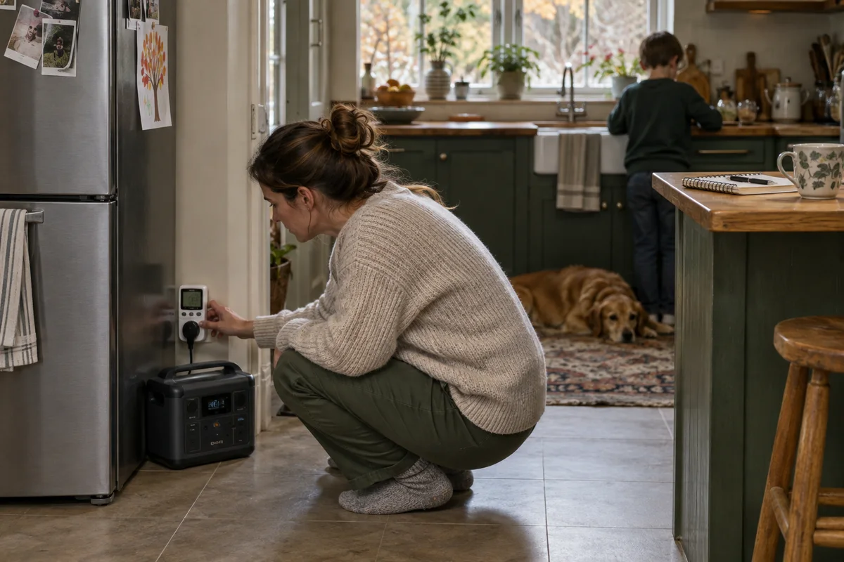 A household measuring refrigerator electricity use beside a portable battery in a kitchen