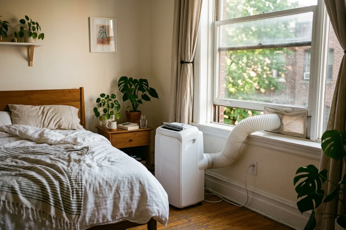 A window air conditioning hose runs from a portable unit to an open apartment window in a bedroom.