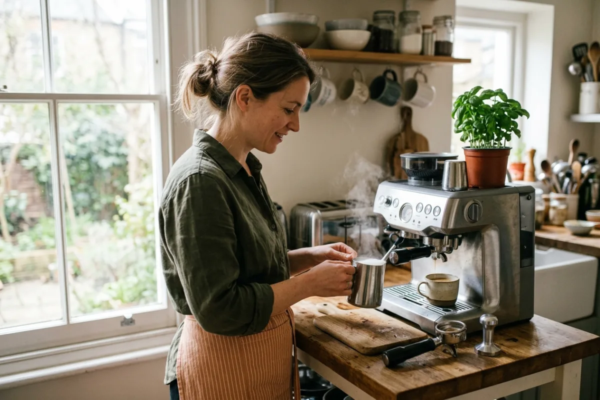 A steaming espresso cup and milk pitcher sitting beside a compact machine on a narrow kitchen counter.