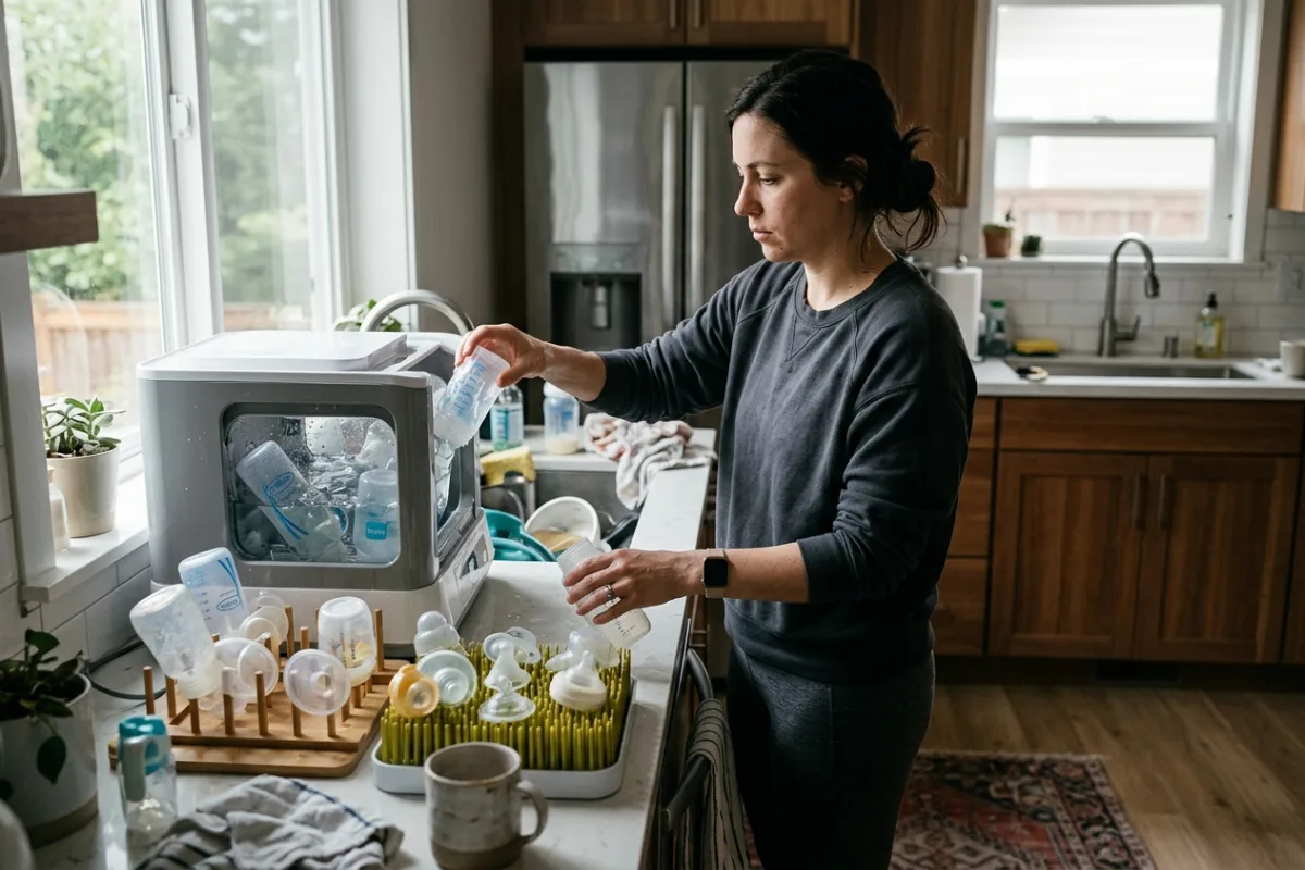 A parent loading bottles and pump parts into a countertop washing machine in a busy kitchen