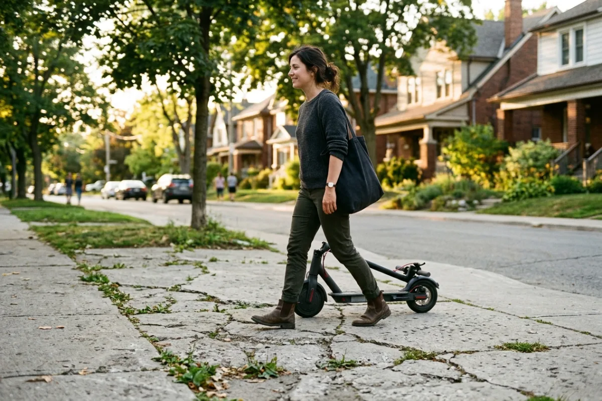 A rider steps off a curb onto a cracked suburban sidewalk while folding an electric scooter under one arm.