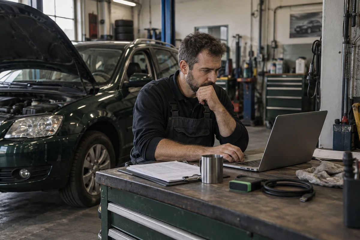 An independent workshop technician reviewing a laptop and pass-through equipment at a workbench