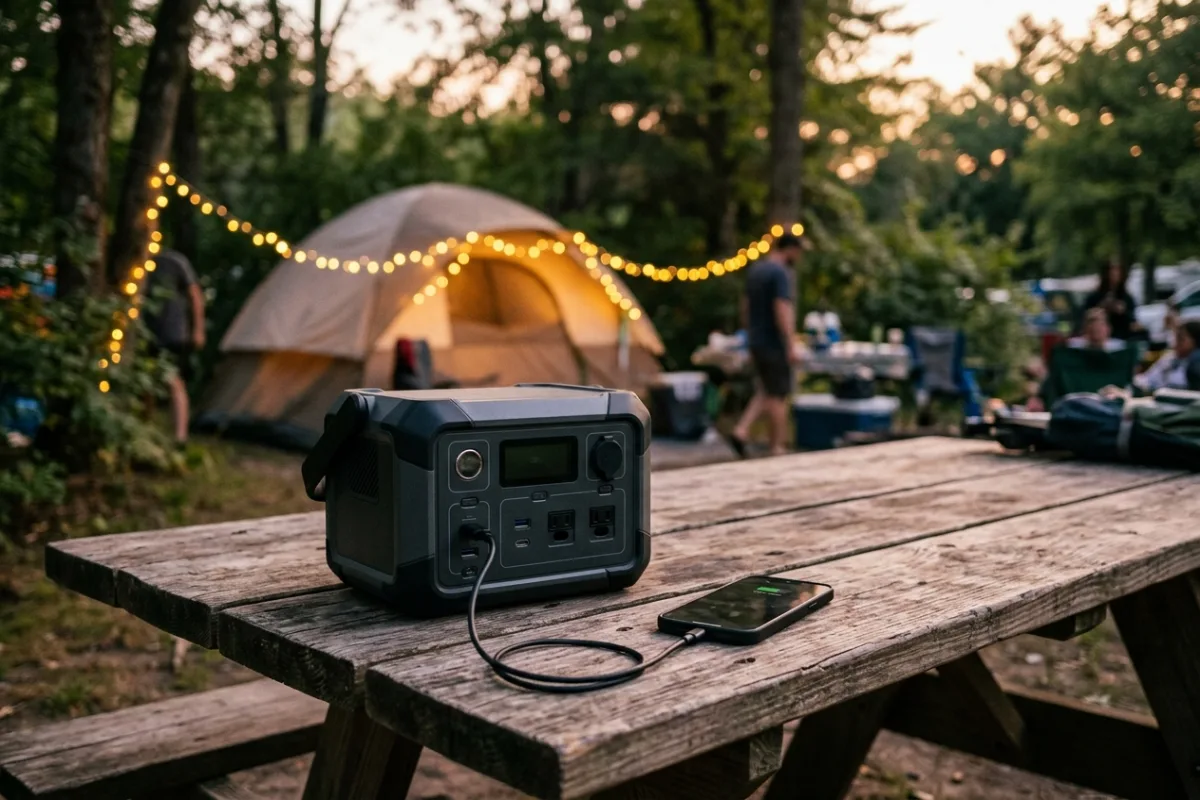 A camper sets a small power station on a picnic table and plugs in a phone charger at dusk